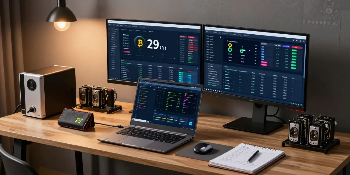 Crypto mining platform dashboard in a modern workspace displaying real-time performance metrics and security tools.