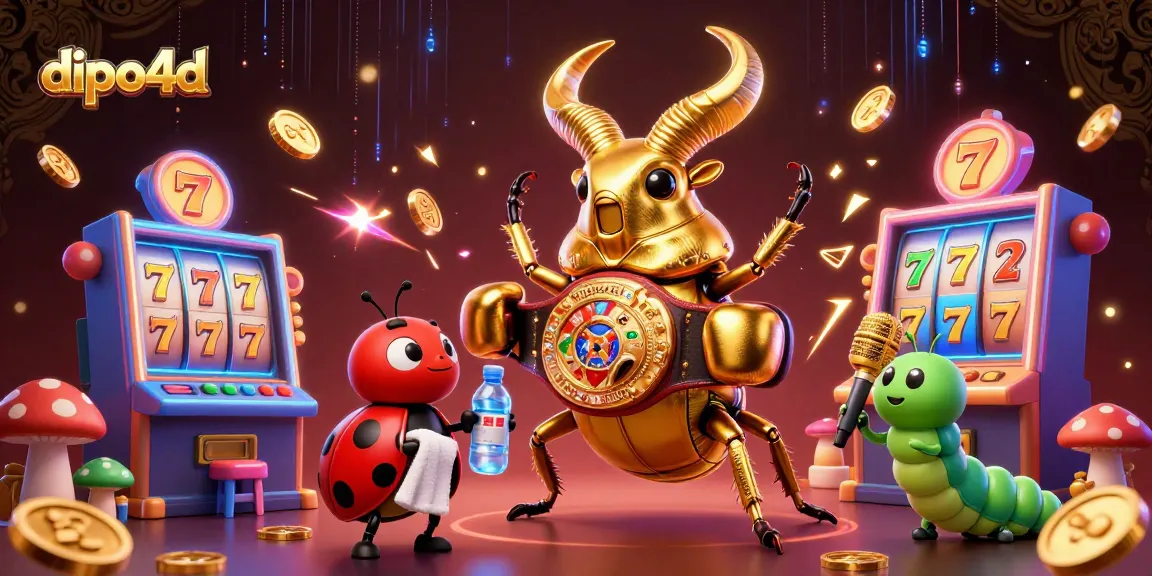 Dipo4d gaming scene showcases a golden beetle champion alongside slot machines and jackpot elements.