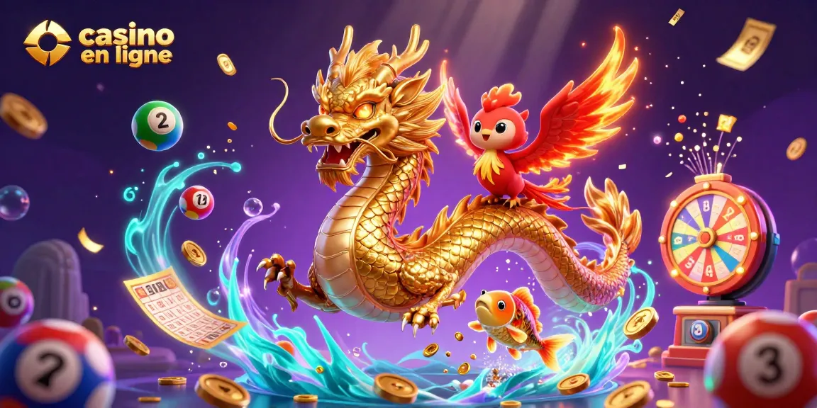 Vivez l'expérience du casino en ligne avec ce dragon, phénix et poisson chanceux entourés de jeux de loterie.