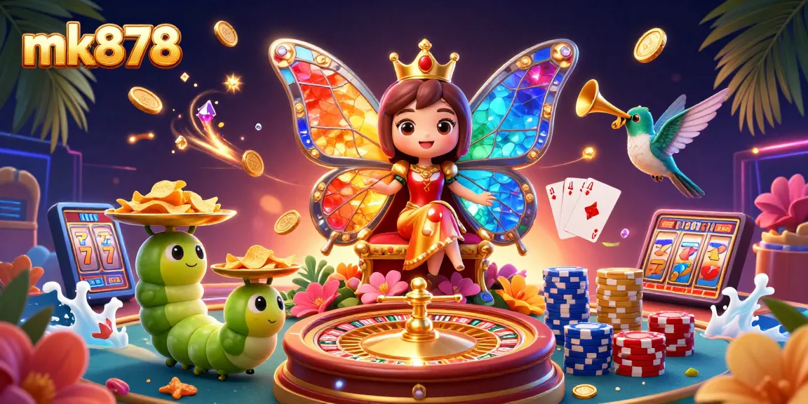 Experience the excitement of mk878 with a lively casino scene featuring a butterfly queen and dynamic game elements.