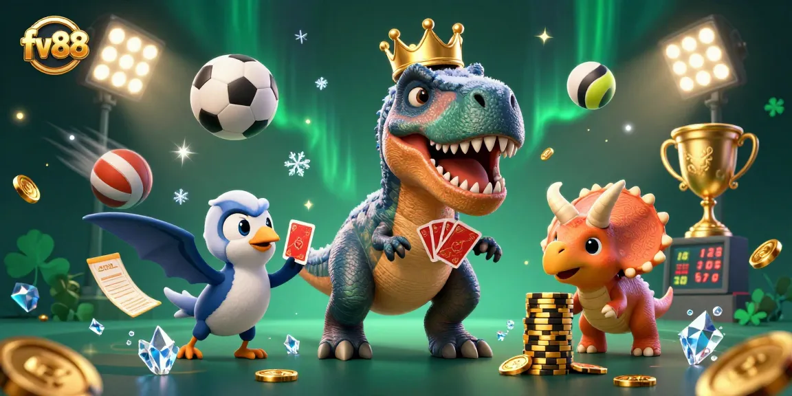 Engage in thrilling competitions with FV88 as a T-Rex and friends shuffle cards and stack coins.