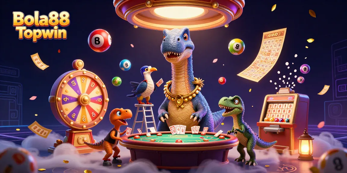 Bola88 Topwin attracts players with vibrant casino elements and engaging characters in a dynamic scene.