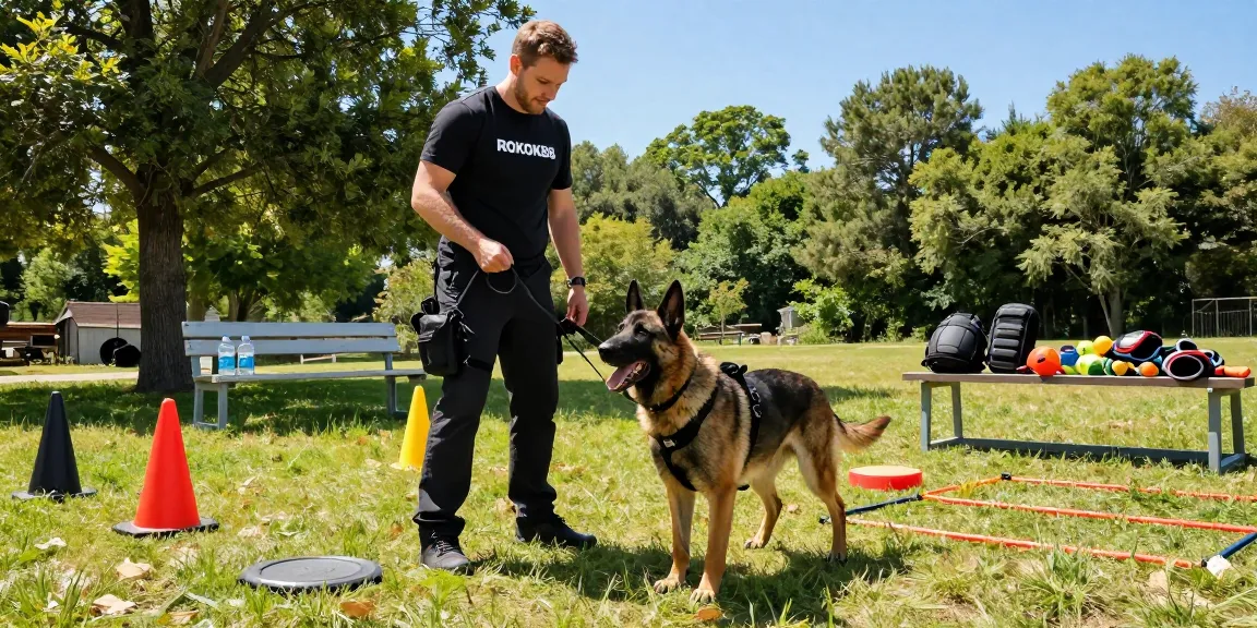 Working K9 with ROKOK88 tactical harness in outdoor training session.
