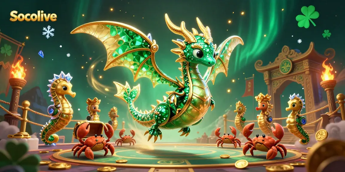 Join the action with Socolive's vibrant underwater scene featuring a treasure chest carried by crabs amidst swirling golden particles.