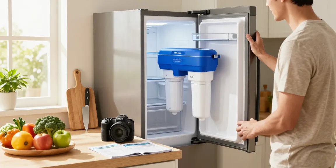 Homeowner installing Maxblue EDR3RXD1 Replacement for 4396841 filter in modern kitchen.