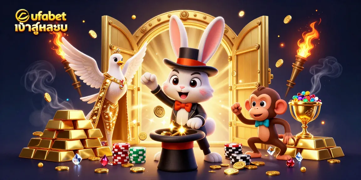A 3D cartoon depiction of ufabet เข้าสู่ระบบ showcasing a magician rabbit, a dove, and a monkey amidst piles of poker chips and golden treasures.