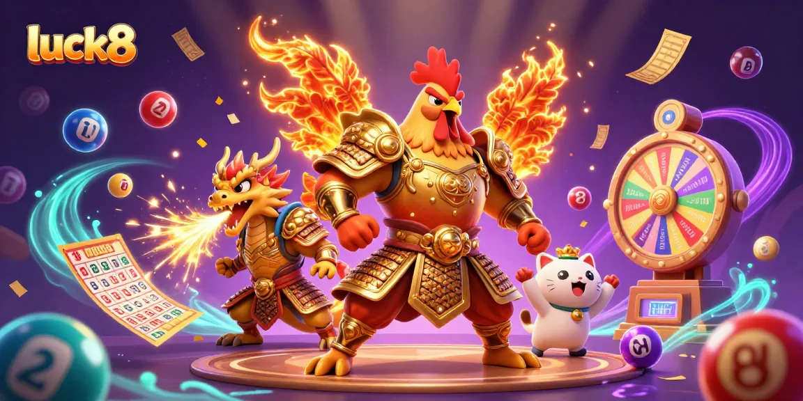 Engage with luck8 in a vibrant 3D casino scene featuring golden lottery elements and dynamic characters.