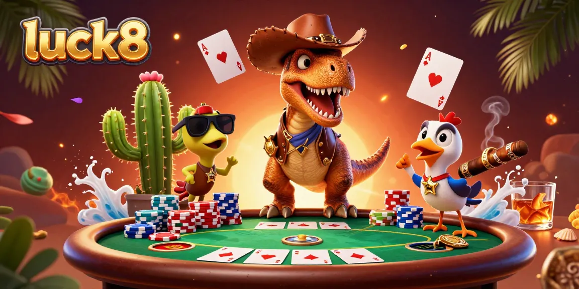 Play luck8 and experience the thrill of poker with a vibrant dinosaur and friends in action.