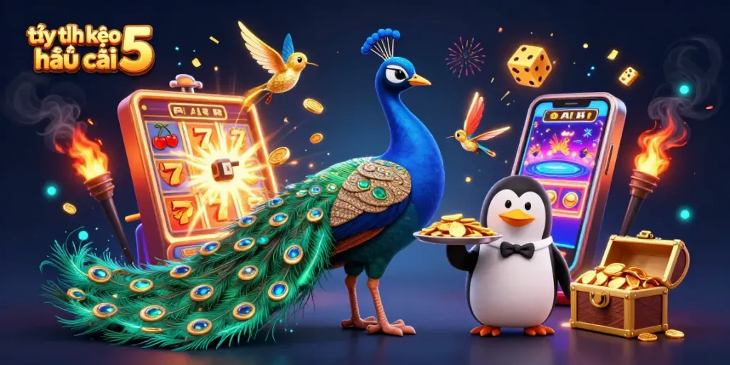 Engage with tỷ lệ kèo nhà cái 5 in a vibrant 3D illustration showcasing extravagant casino elements and characters.