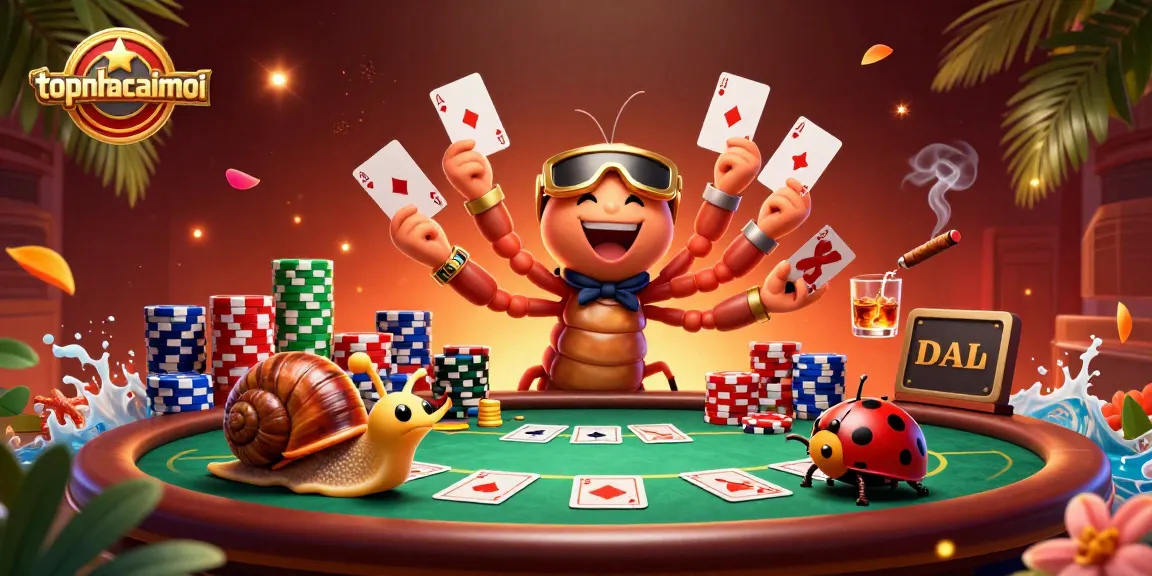 topnhacaimoi showcases a thrilling poker scene with a millipede dealer and a snail high-roller.