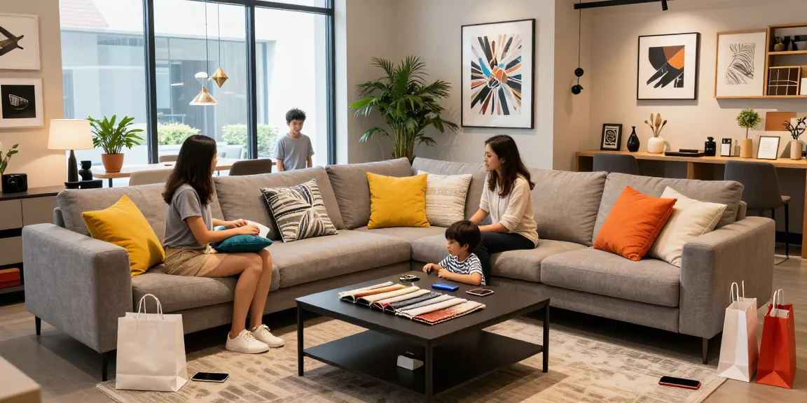 Family selecting depo 5k sectional sofa in a modern living room showroom with vibrant decor.