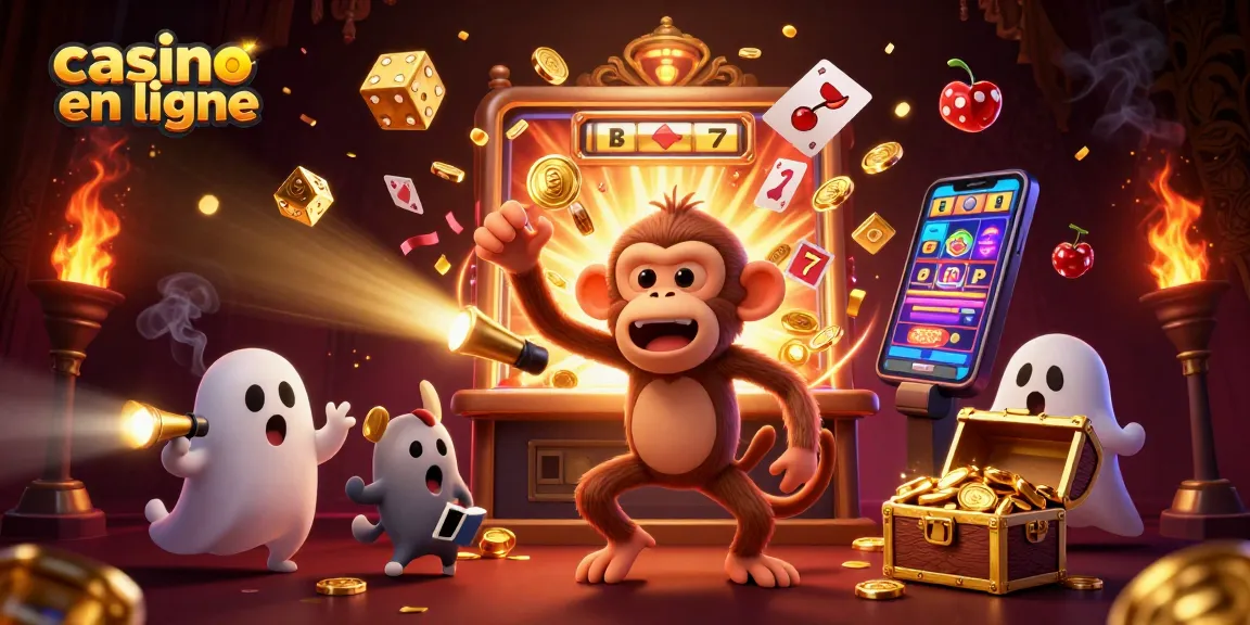 Illustration dynamique d'un casino en ligne avec des jeux et un esprit curieux.