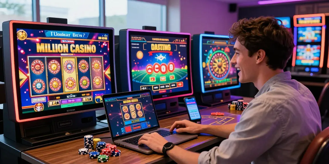 Spin Million Casino player engaged in vibrant gameplay, surrounded by slot machines and table games, exuding excitement.