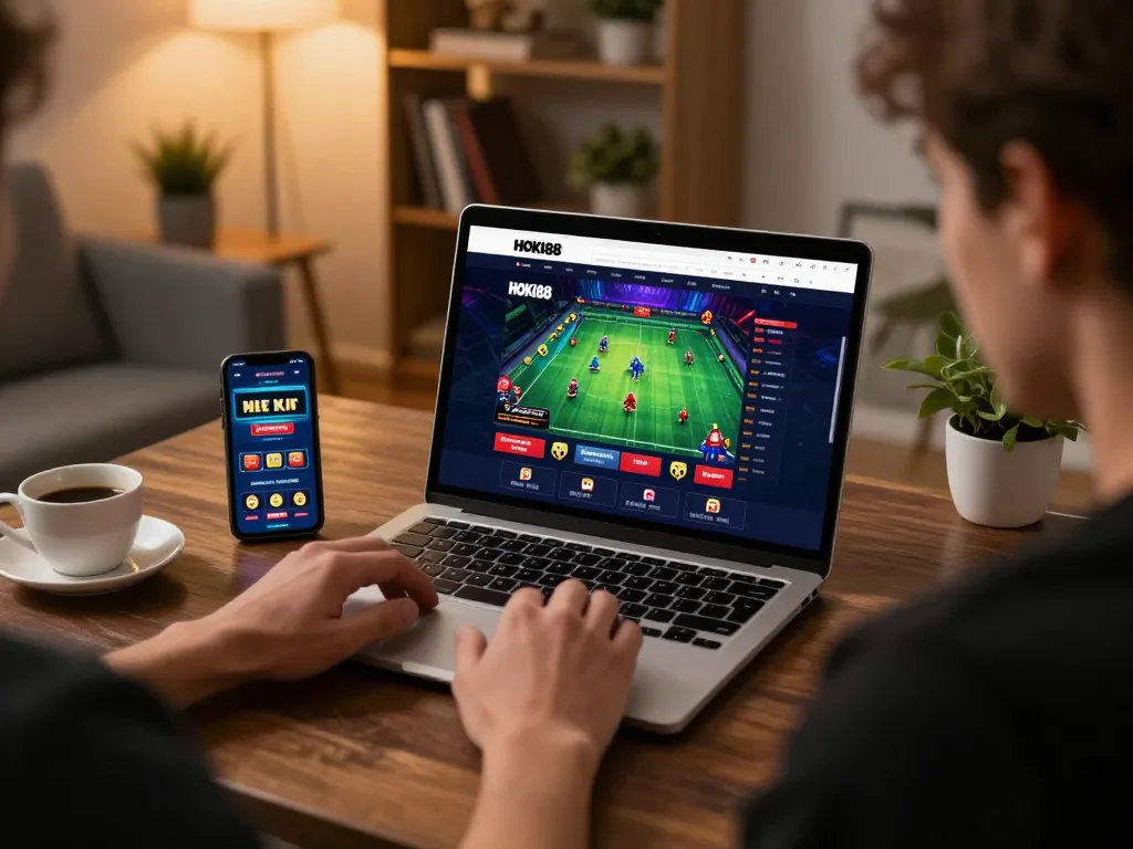 Pemain yang terlibat merencanakan strategi pada antarmuka slot HOKI88, dikelilingi oleh alat taruhan seluler dan dekorasi hangat.