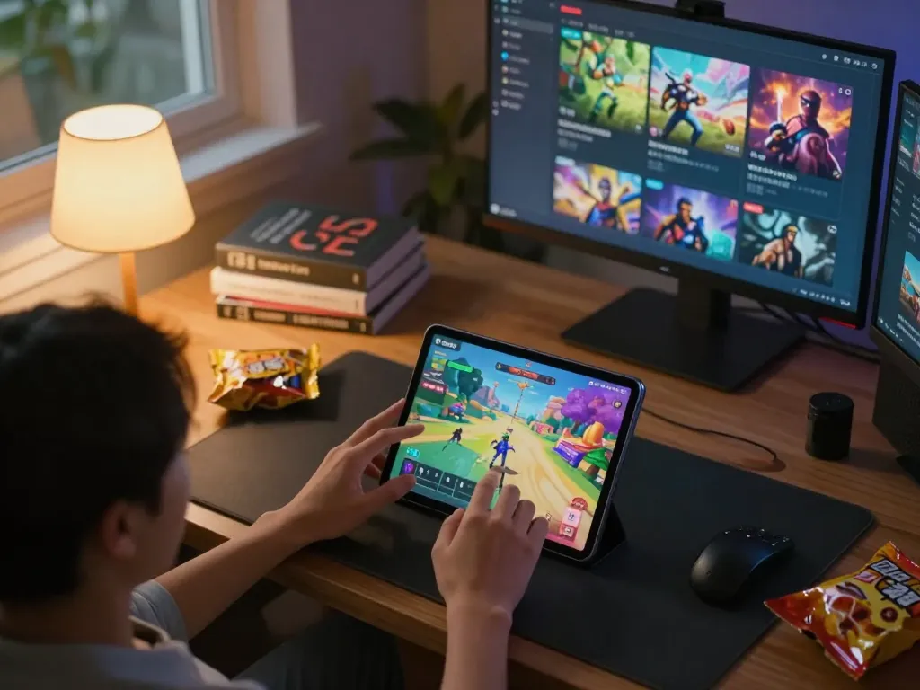 Pemain Boba99 berinteraksi dengan platform permainan online di lingkungan rumah yang nyaman, fokus pada strategi.