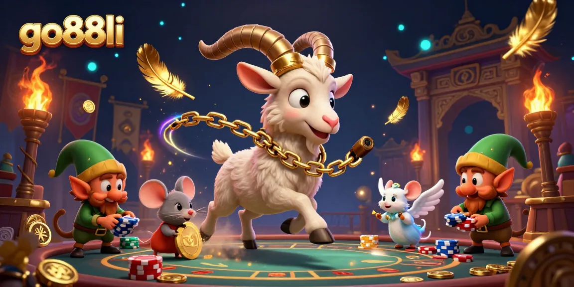 Experience the thrill of Go88li with a cartoon Krampus goat in a lively casino scene, featuring dynamic gaming elements.