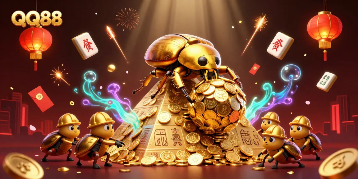 Engage with QQ88 through a vibrant casino scene filled with lucky symbols and dynamic energy.