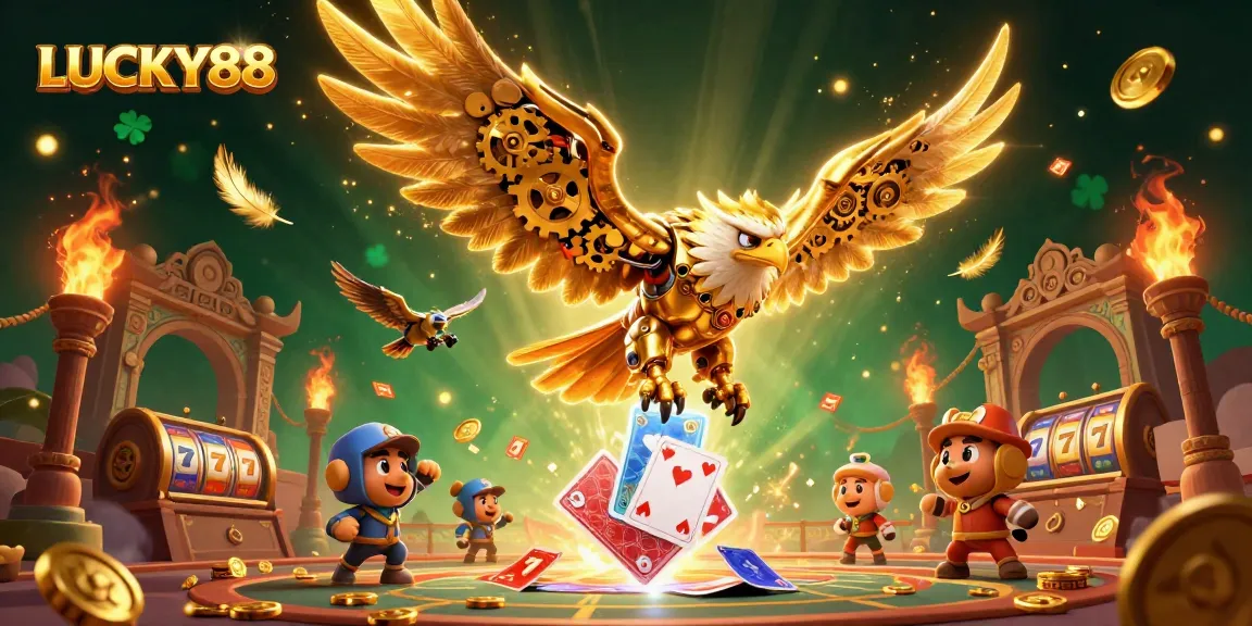 Experience exciting gameplay with LUCKY88, featuring a cybernetic eagle amidst vibrant slot elements.
