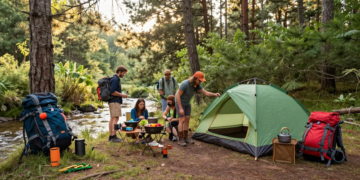 Campers exploring adventure gear from rokok88 in a beautiful forest setting with tents and cooking gear.