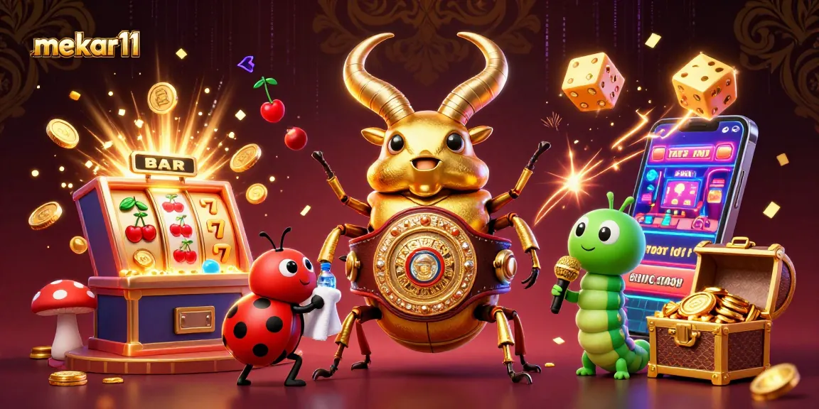 Spin the reels at mekar11 with vibrant characters and casino elements in a dynamic illustration.