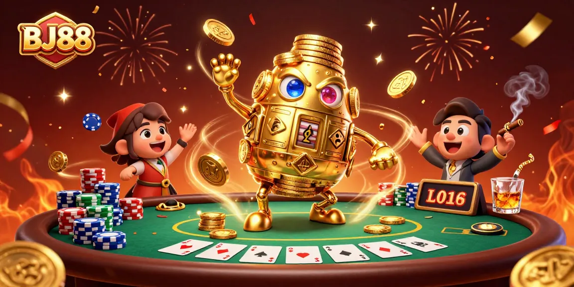 BJ88 casino game scene featuring a dynamic golden golem amongst poker elements and vibrant confetti.