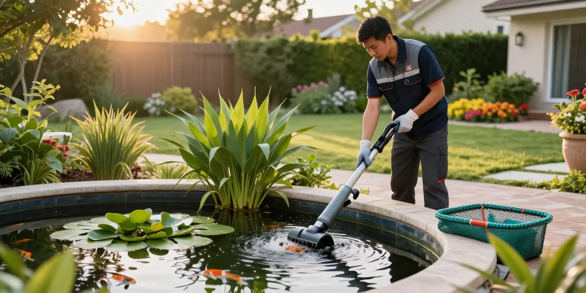 Professional Pond Cleaning London scene with technician vacuuming debris from a serene backyard pond.