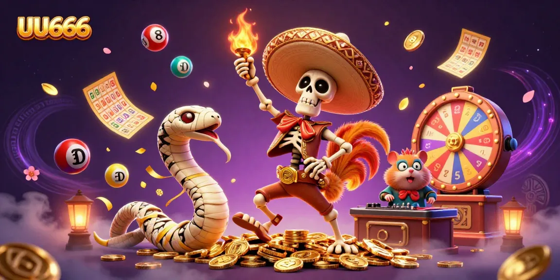 Dance with UU666 in a vibrant casino scene with money rain, golden coins, and colorful lottery balls.