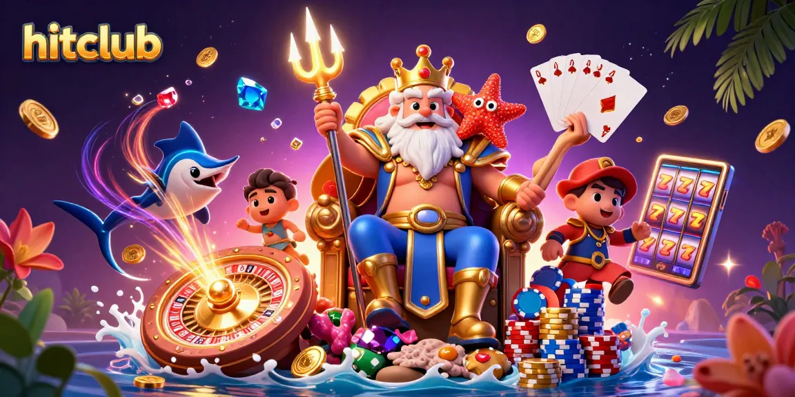 Experience hitclub's thrilling gameplay with a dynamic 3D illustration of Neptune and vibrant casino elements.