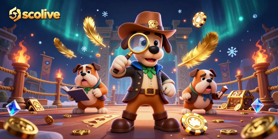 Socolive sports betting scene with detective dog characters uncovering clues amidst casino elements.