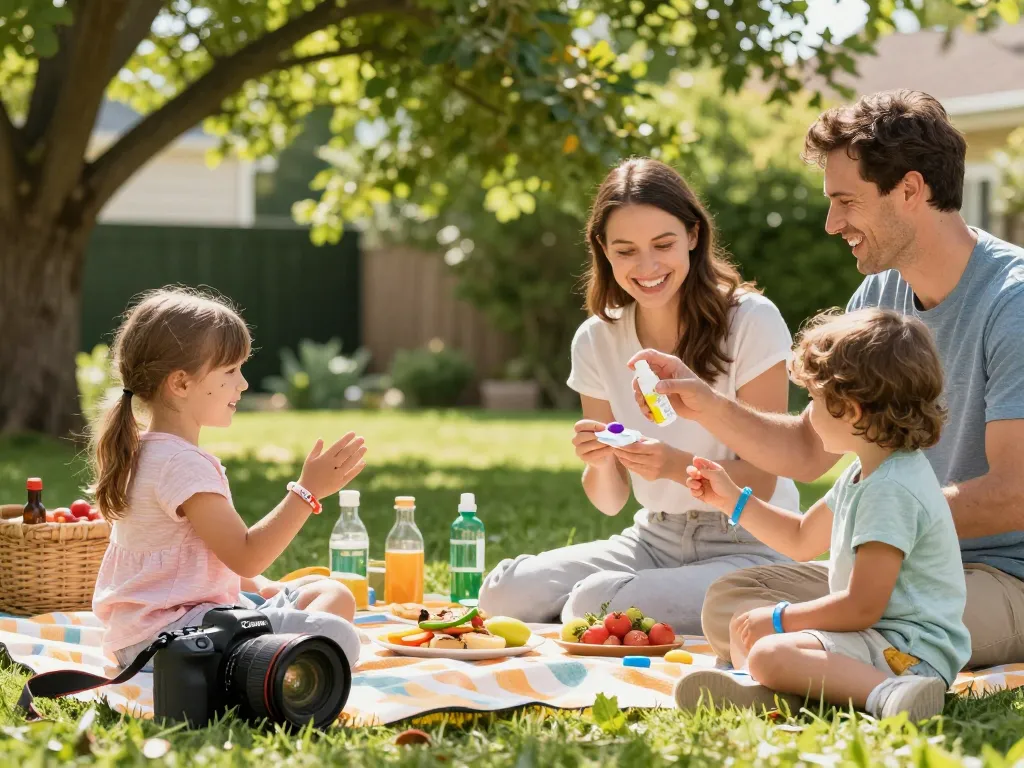 Family enjoying a picnic outdoors while using the Best Mosquito Repellent for protection against pests.