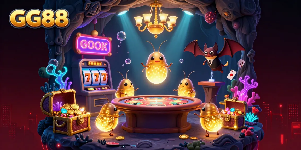 Experience the exciting GG88 casino adventure with vibrant glowworms illuminating a captivating gaming scene.