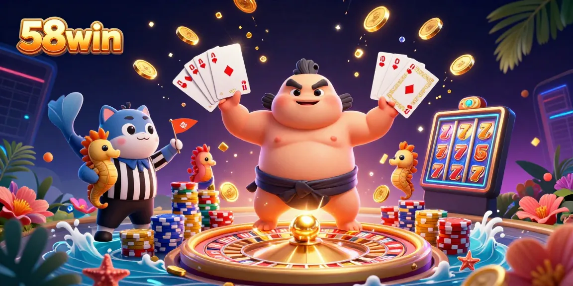 Experience 58win's vibrant casino scene featuring dynamic gambling elements and festive characters.