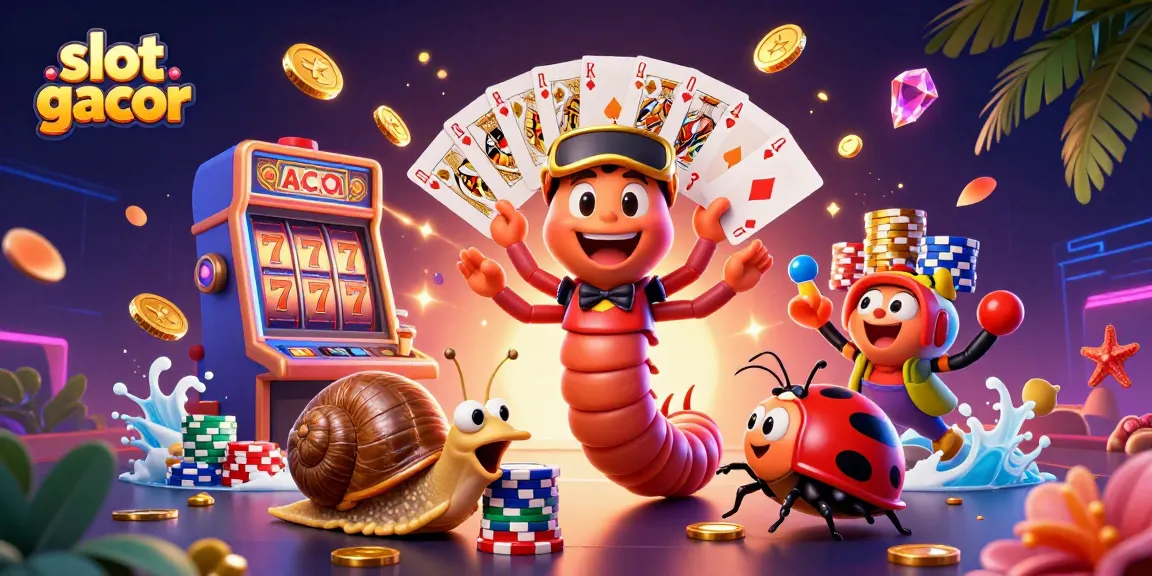 Slot gacor meriah dengan pengedar kaki seribu 3D dan tumpukan chip kasino berkilau.