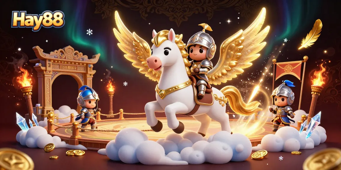 Experience thrilling action at Hay88 with a knight on a celestial horse amidst casino symbols and iconic scenes.