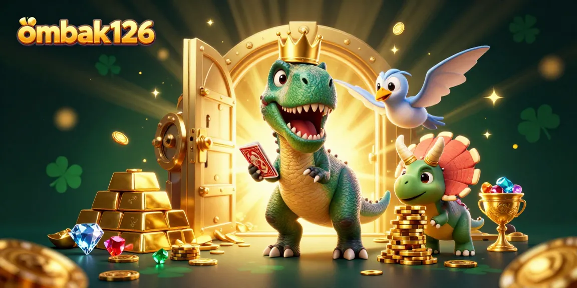 Engage with ombak126’s thrilling gaming atmosphere featuring a T-Rex, pterodactyl, and triceratops amid golden treasures.