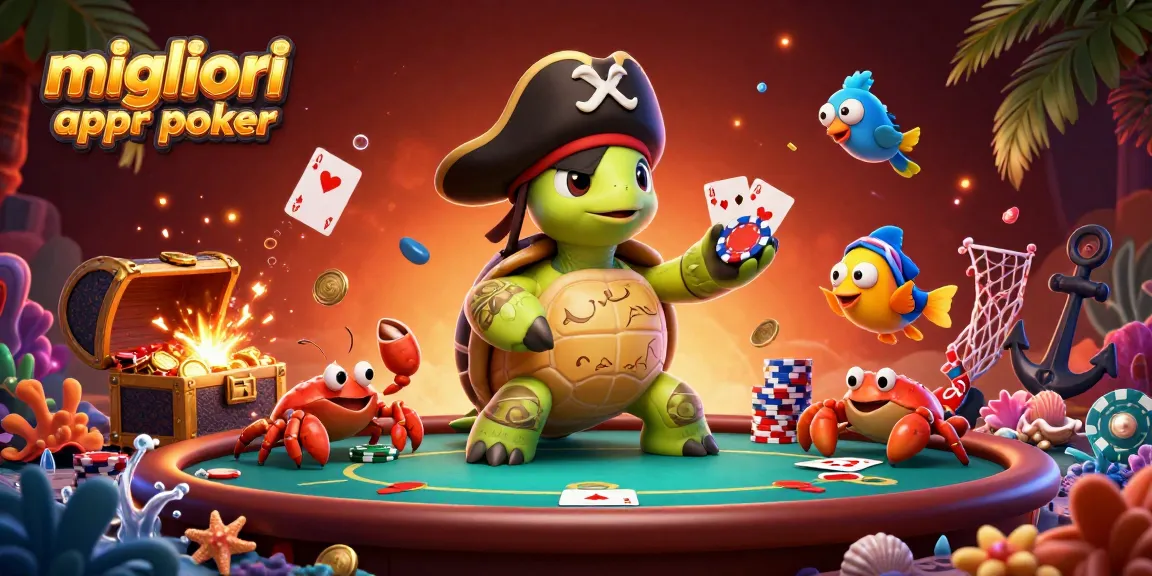 Migliori app per poker: scena vivace con una tartaruga pirata e decorazioni da poker tra tesori sottomarini