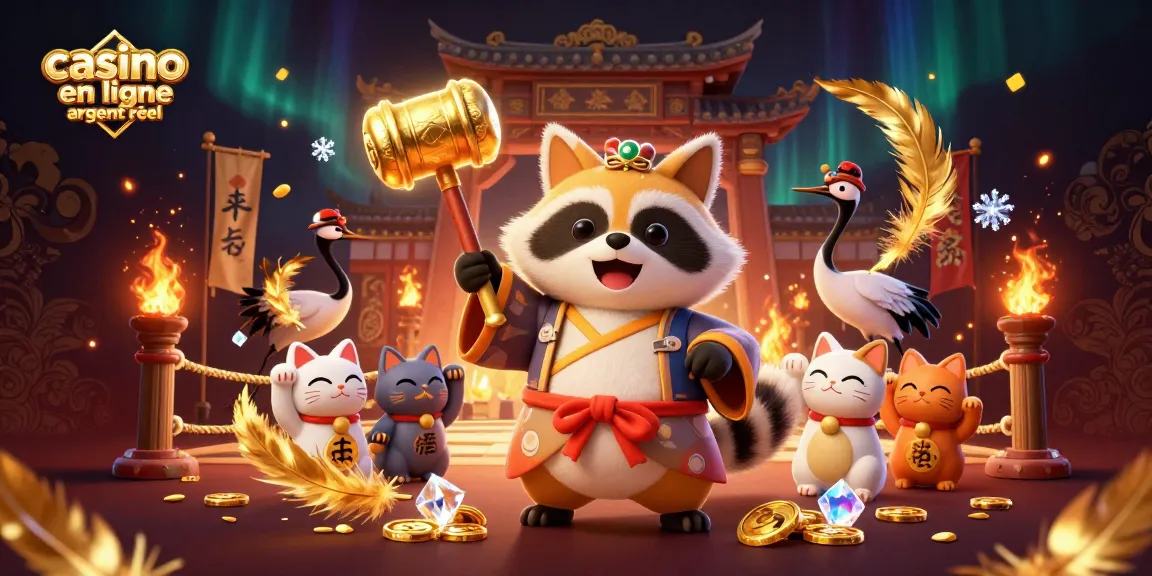 Gagnez avec le casino en ligne argent réel, découvrez une illustration d'un tanuki chanceux et ses amis.
