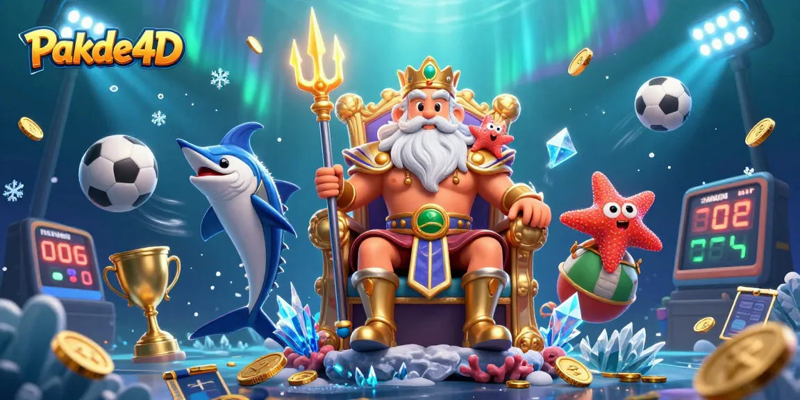 Pakde4D engages players with a dynamic scene of Neptune and sports elements, signifying thrilling gambling.