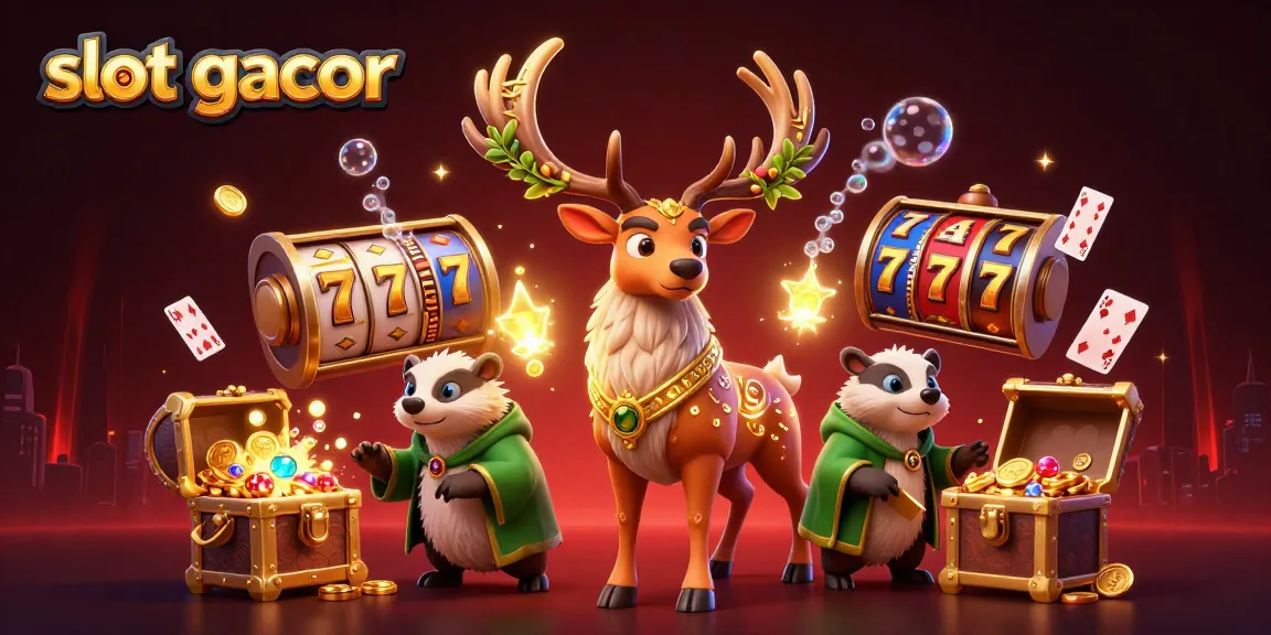 Menang besar dengan slot gacor: ilustrasi kasino 3D menampilkan slot, kartu, dan karakter animasi.