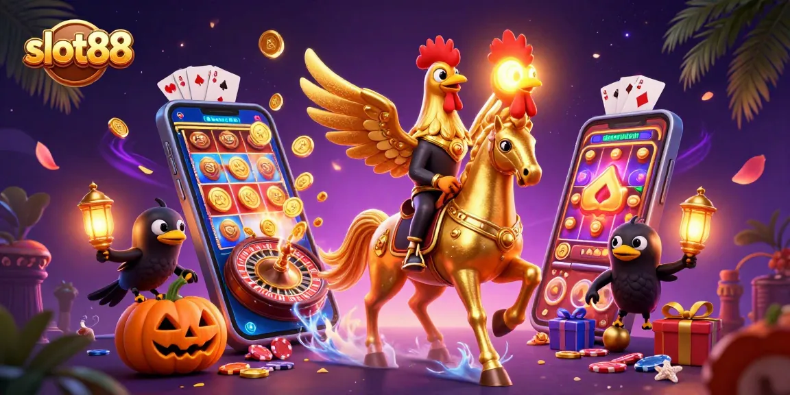 Gambarkan slot88 dengan karakter ayam emas memainkan slot di kasino misterius