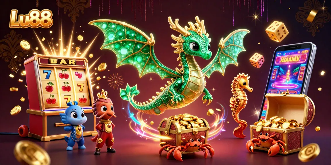 Experience the excitement of Lu88 with a treasure-filled slot machine scene and captivating sea dragon motifs.