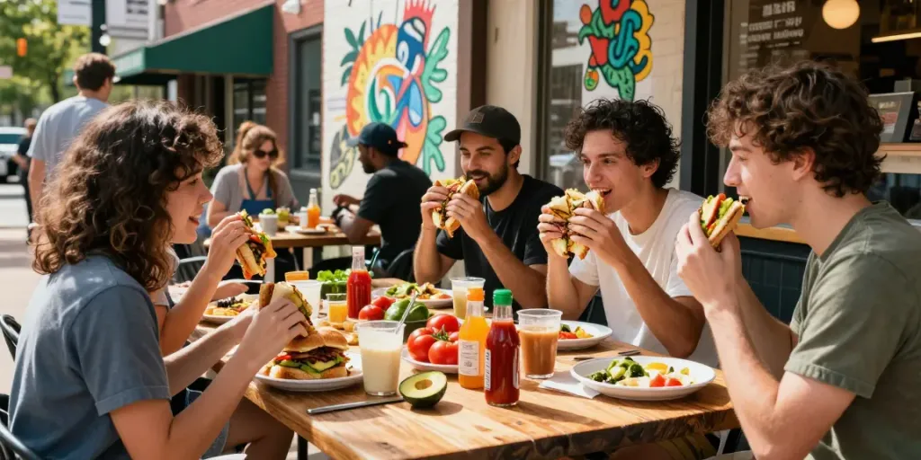 Enjoying NYC-inspired breakfast near me (Austin Texas area) with friends at a vibrant café atmosphere.