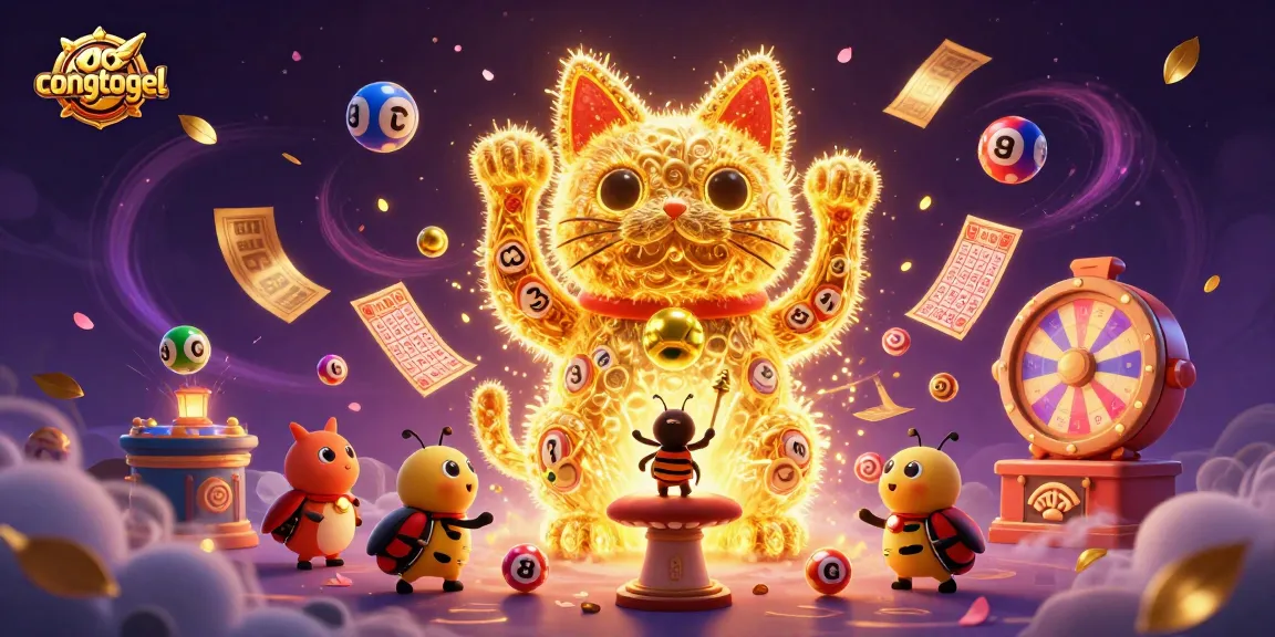 Experience congtogel with a vibrant illustration of a lucky cat and lottery elements in a magical casino setting.