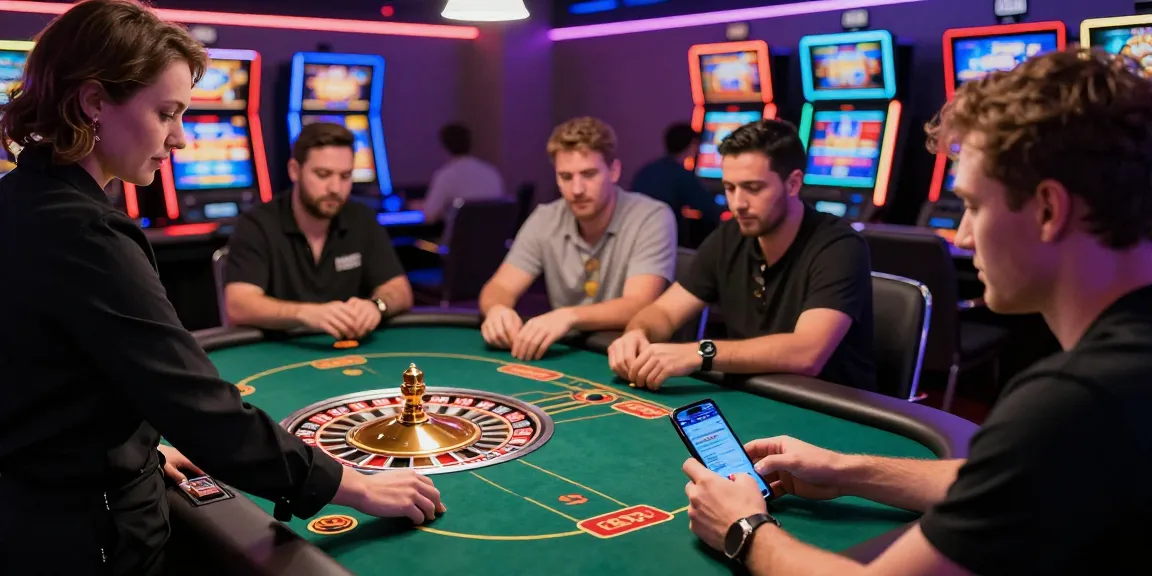 Ambiance dynamique du meilleur casino en ligne, joueurs engagés autour de jeux variés, roulette et poker, atmosphère électrique.