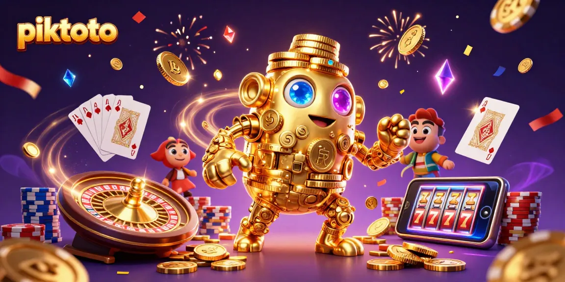 Menang di piktoto dengan simbol mesin slot, golem emas, dan chip poker berwarna-warni.