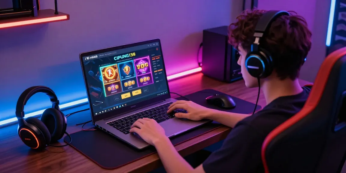 Pengguna menikmati permainan slot pada platform cipung138, dikelilingi oleh aksesoris gaming dan suasana nyaman.