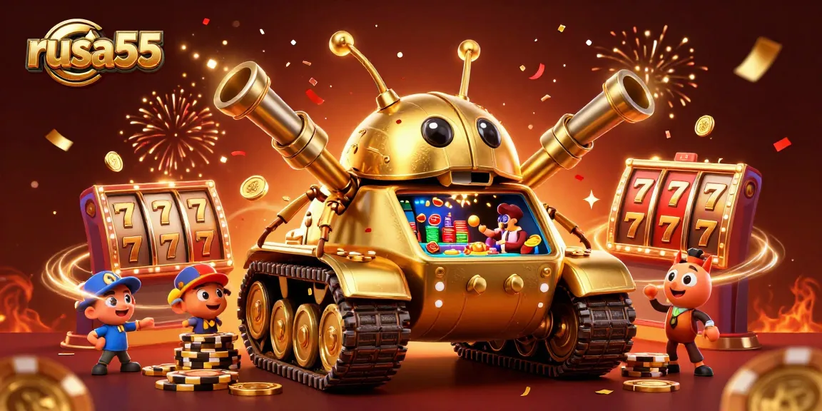 Experience exciting wins with rusa55's dynamic casino atmosphere featuring golden tanks and lively slot machines.