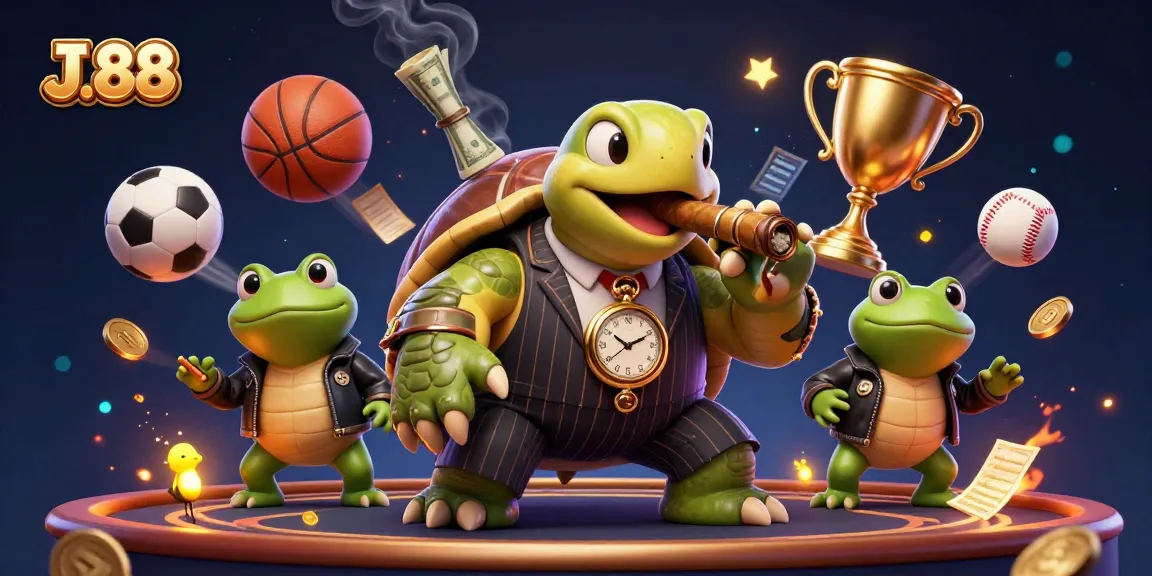 Win big with J.88 in a vibrant casino scene featuring a turtle mobster!