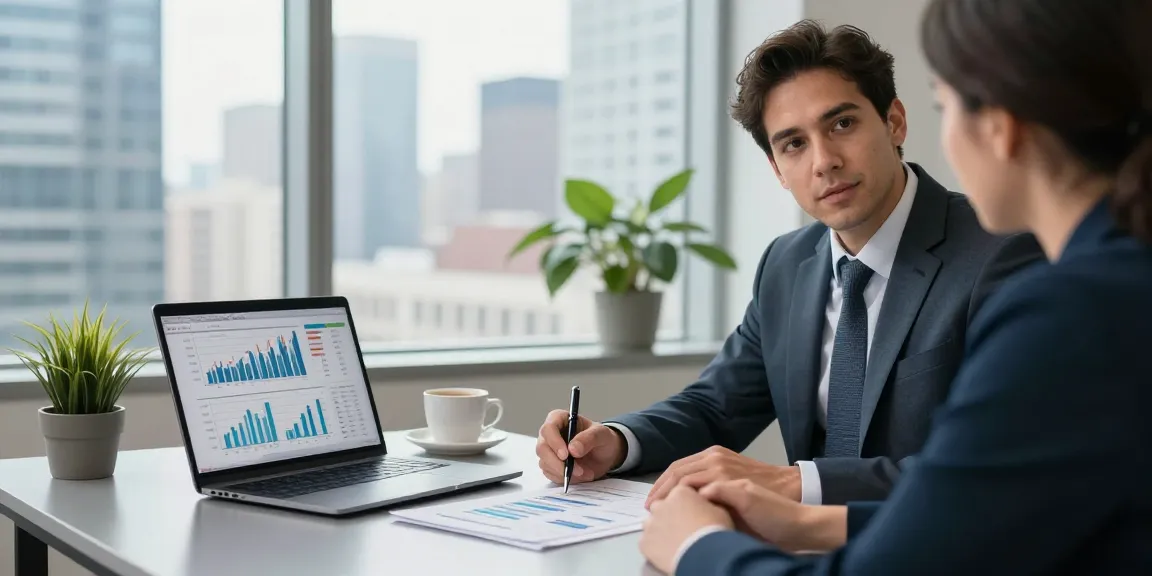 Nathan Garries consulting a client in a professional financial office setting