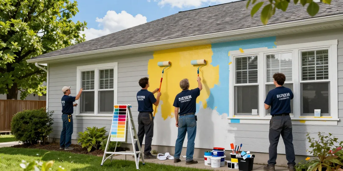 Beaverton house painters collaborating on a residential home with vibrant paint and tools in a sunny garden.